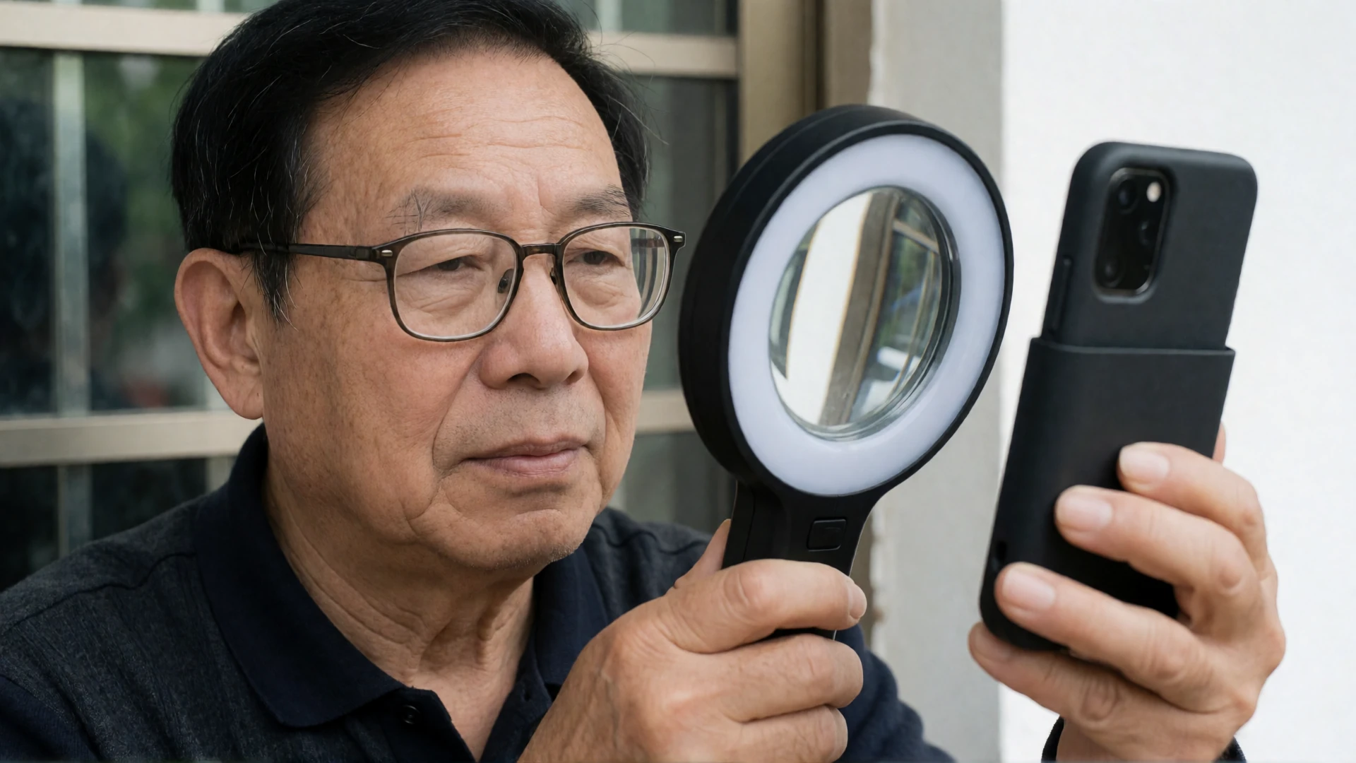Adulto con baja visión usando una lupa y un smartphone