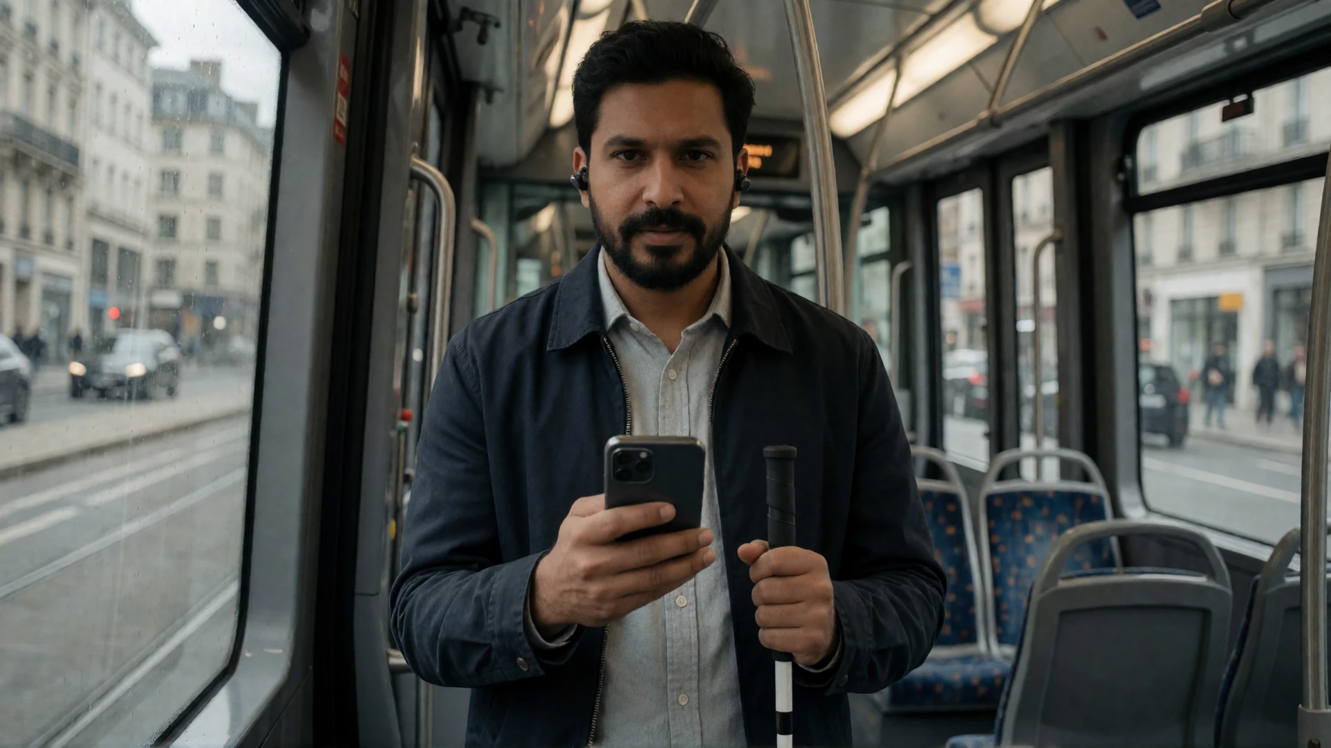 Adulto con baja visión usando un smartphone con soporte de audio