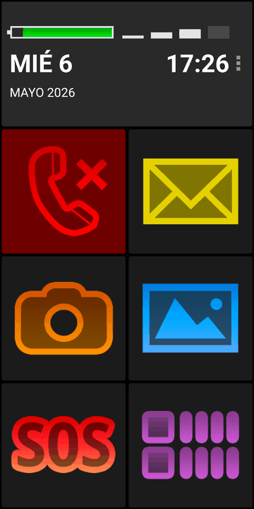 Pantalla de inicio de BIG Launcher con tema oscuro y animación de llamada perdida