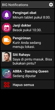 Daftar notifikasi BIG Notifications bertema gelap