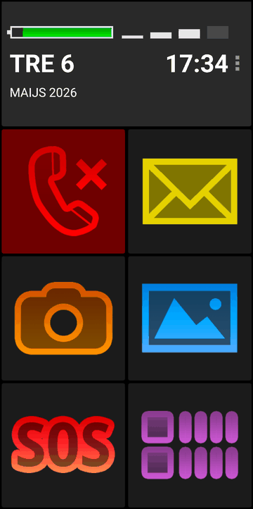 BIG Launcher tumšā režīma sākuma ekrāns ar neatbildētu zvanu animāciju