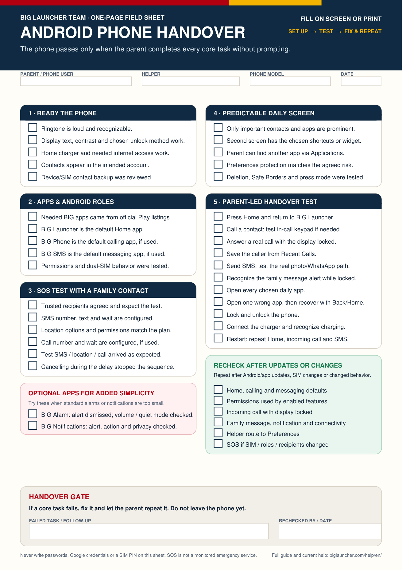 Preview of the one-page Android phone handover checklist
