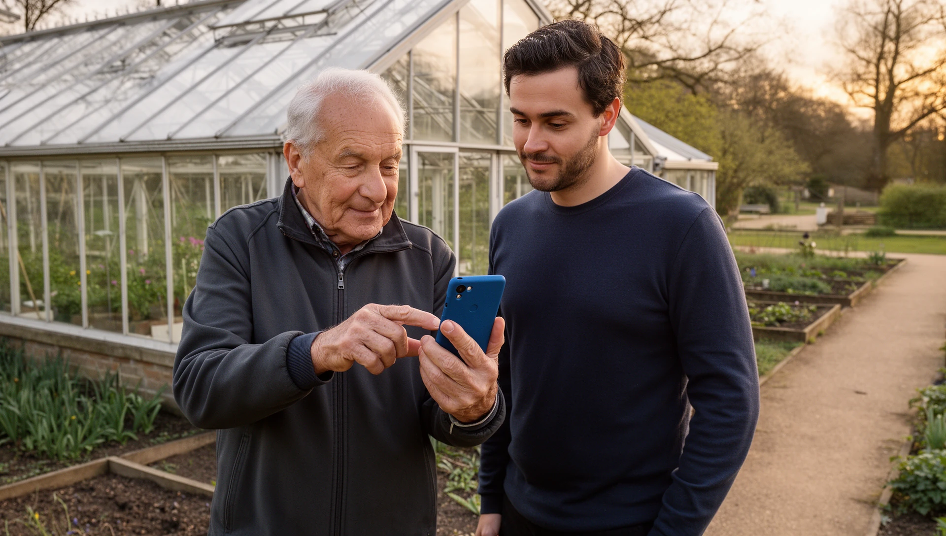 Older man checking an Android phone with his adult son beside a community greenhouse