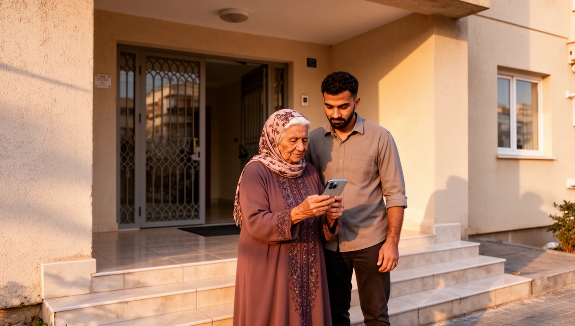 رجل مسن يفحص هاتف Android مع ابنه بجوار صوبة زراعية مجتمعية
