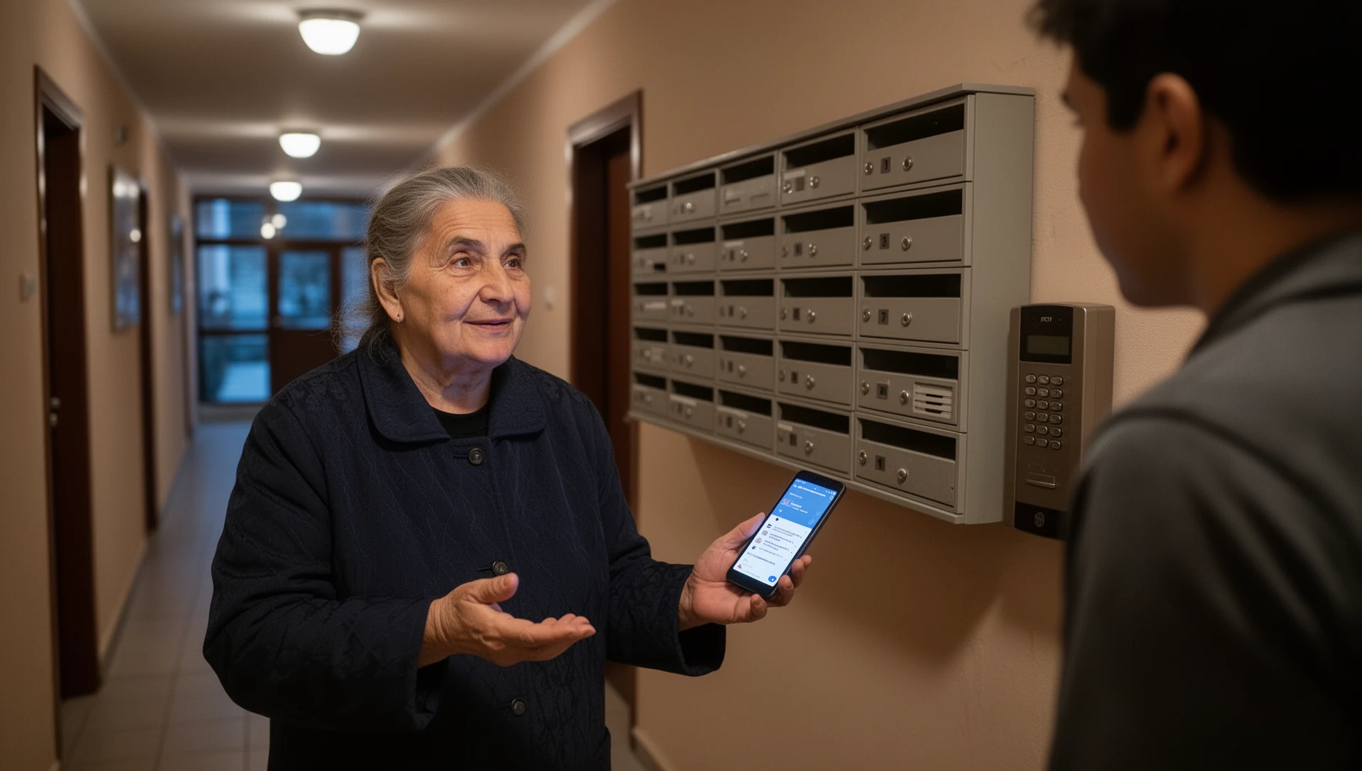Възрастен мъж проверява телефон с Android заедно с порасналия си син до обществена оранжерия