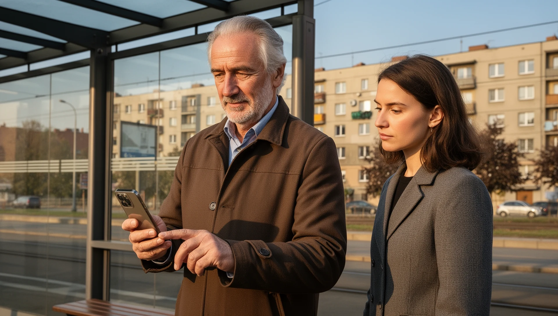 Starší muž si sám zkouší chytrý telefon při čekání na zastávce