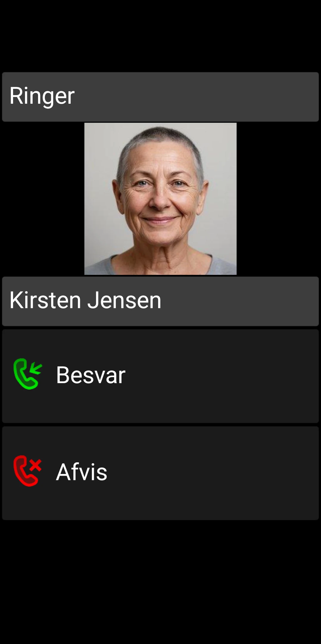 BIG Phone-skærm til indgående opkald med store knapper til at besvare og afvise