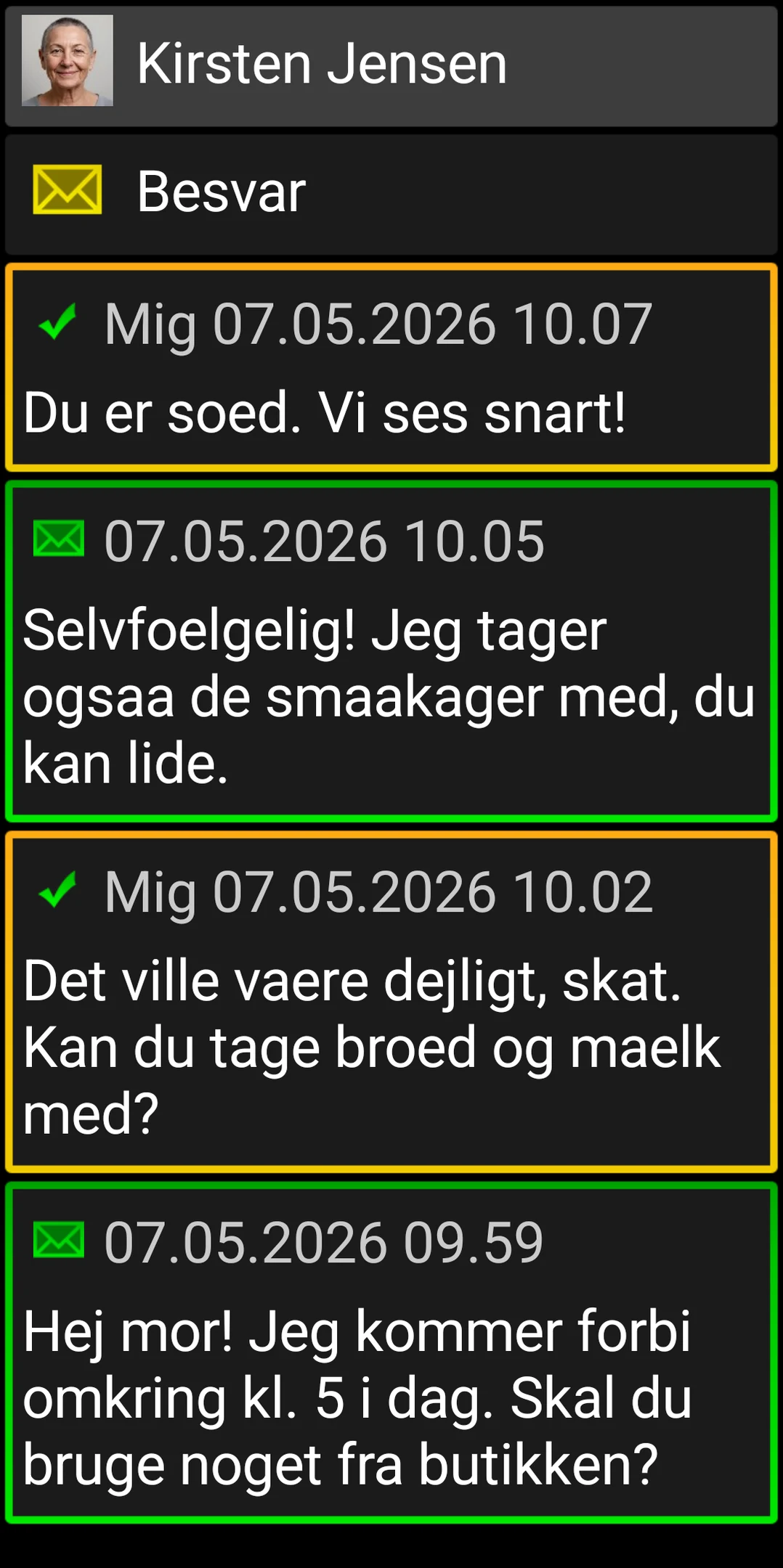 BIG SMS-samtale med store, højkontrast-beskedkort