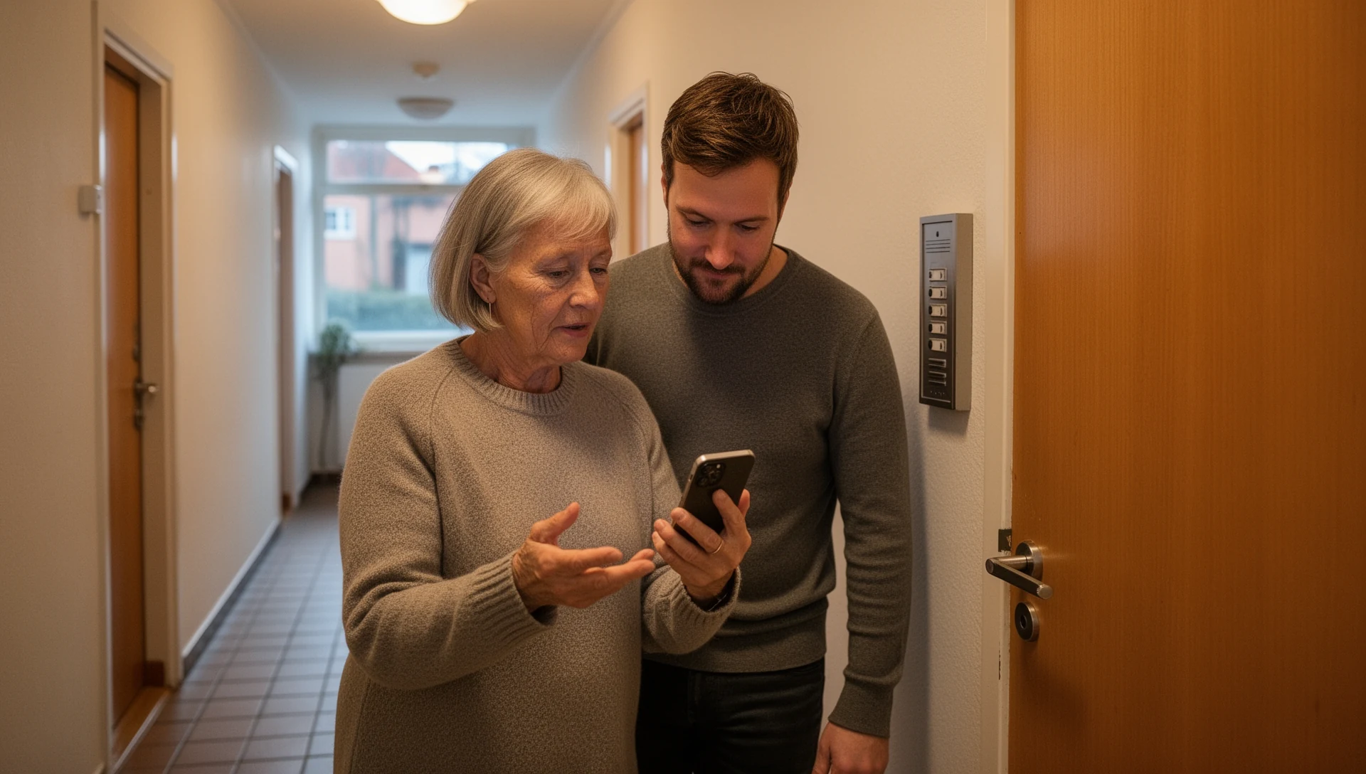 Ældre mand tjekker en Android-telefon sammen med sin voksne søn ved et fællesdrivhus