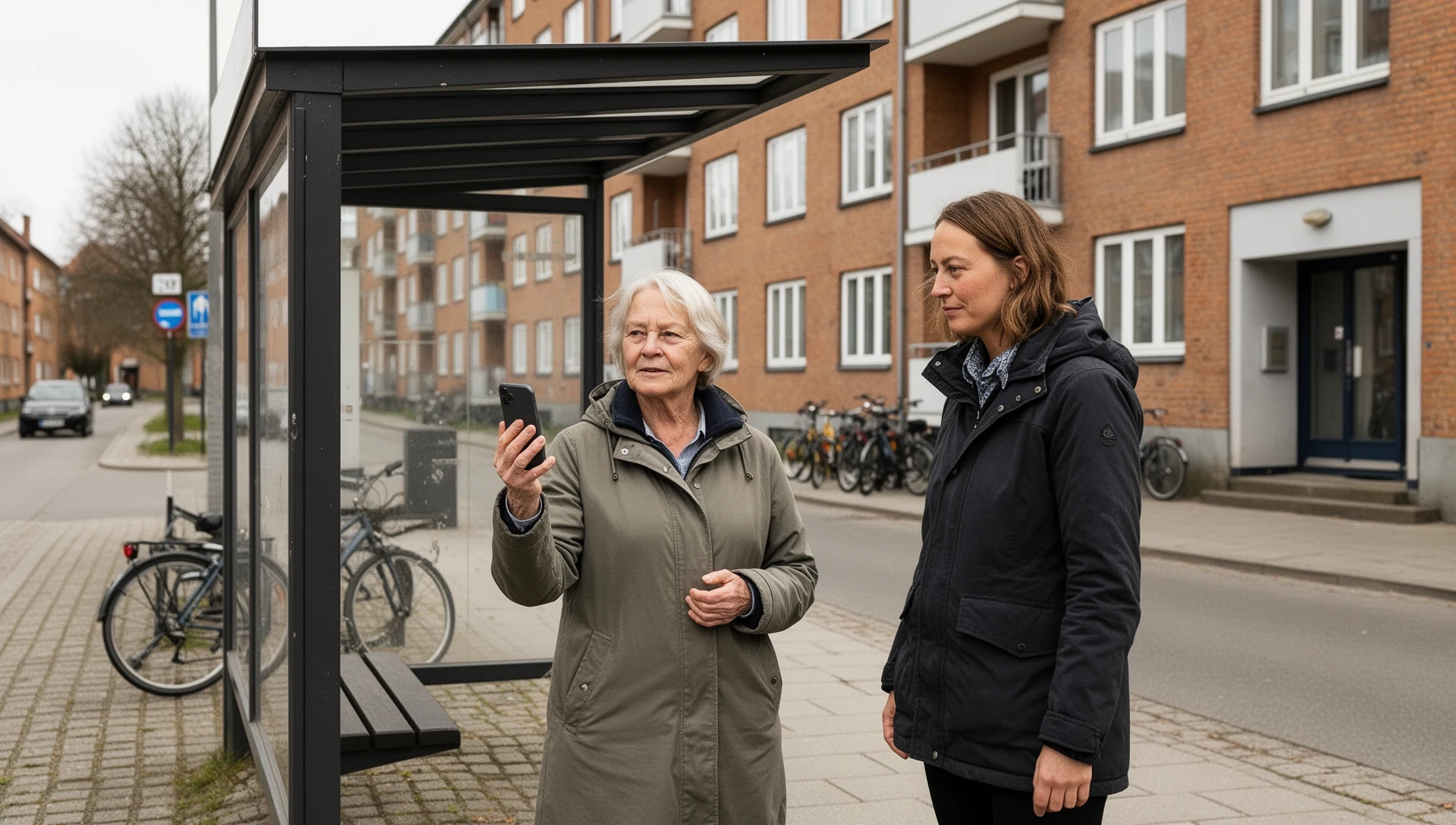 Ældre mand tester selvstændigt sin smartphone, mens han venter ved et busstoppested