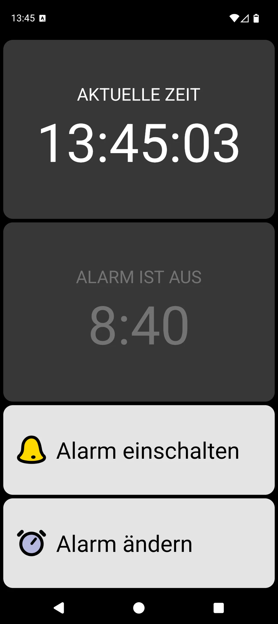 BIG Alarm Bildschirm mit grosser aktueller Uhrzeit und grossen Bedienelementen für den Wecker