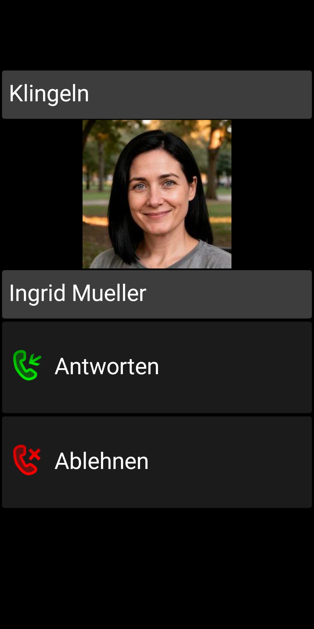 BIG Phone Bildschirm für eingehende Anrufe mit grossen Tasten zum Annehmen und Abweisen