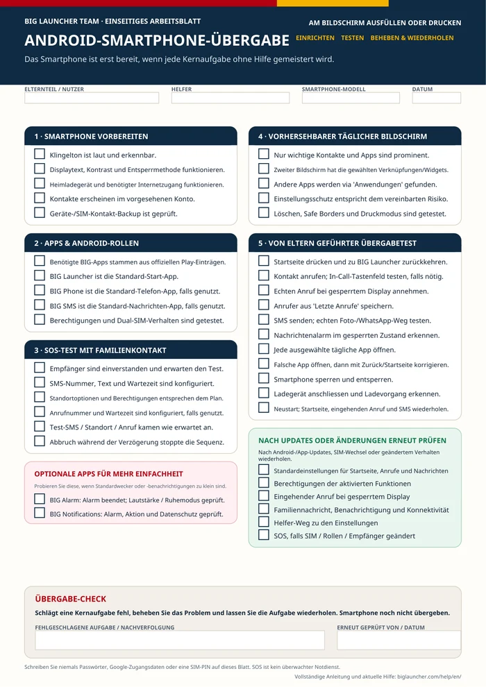 Vorschau der einseitigen Checkliste für die Übergabe des Android-Smartphones