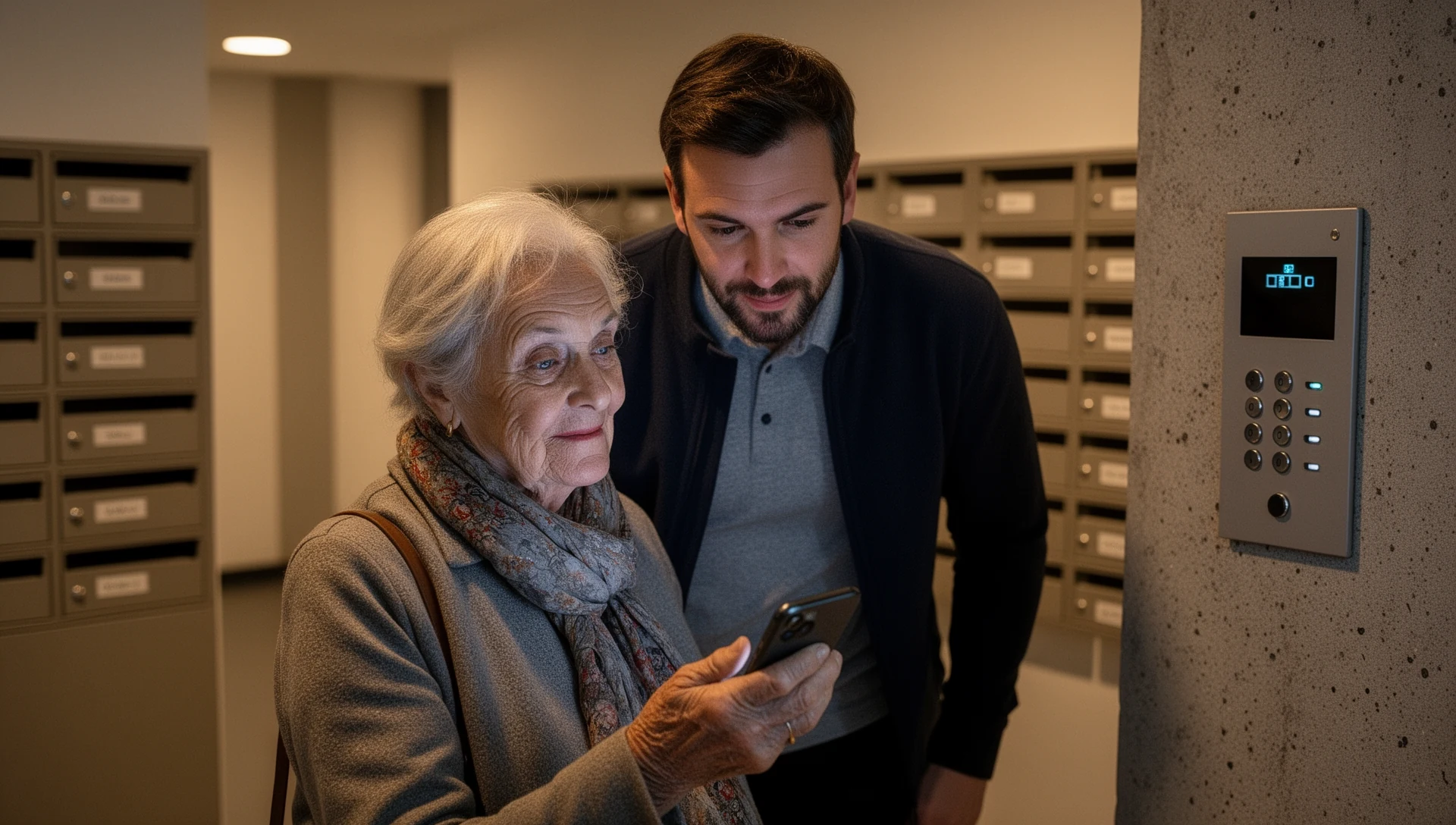 Älterer Mann überprüft ein Android-Smartphone mit seinem erwachsenen Sohn neben einem Gemeinschaftsgewächshaus