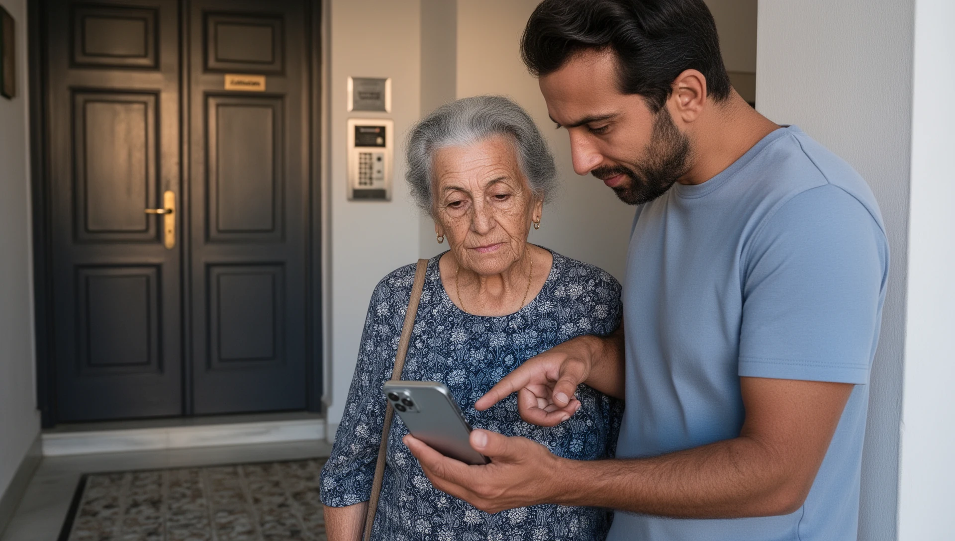 Ηλικιωμένος ελέγχει ένα κινητό Android με τον γιο του δίπλα σε ένα κοινοτικό θερμοκήπιο