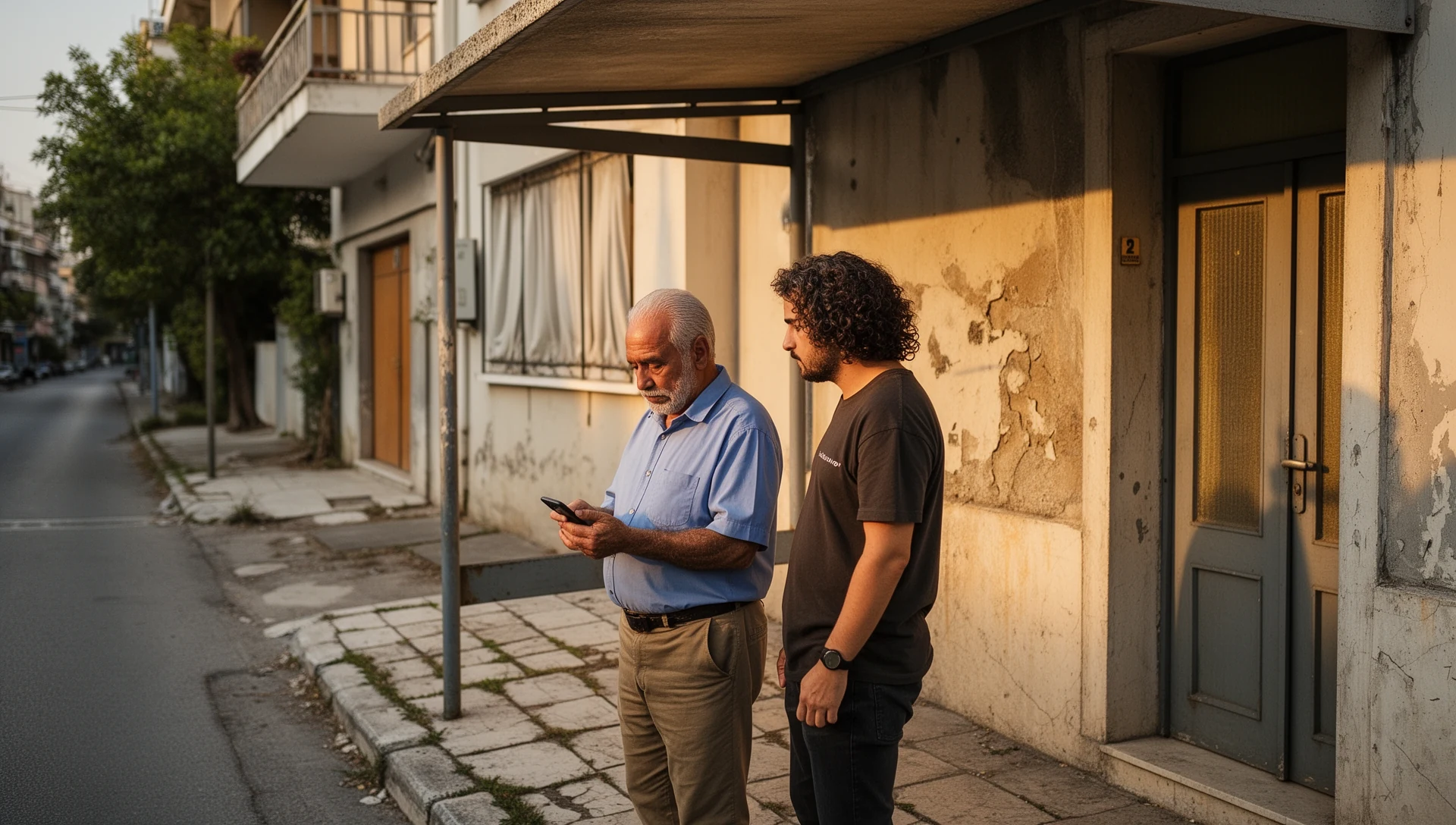 Ηλικιωμένος δοκιμάζει μόνος του ένα smartphone περιμένοντας στη στάση του λεωφορείου