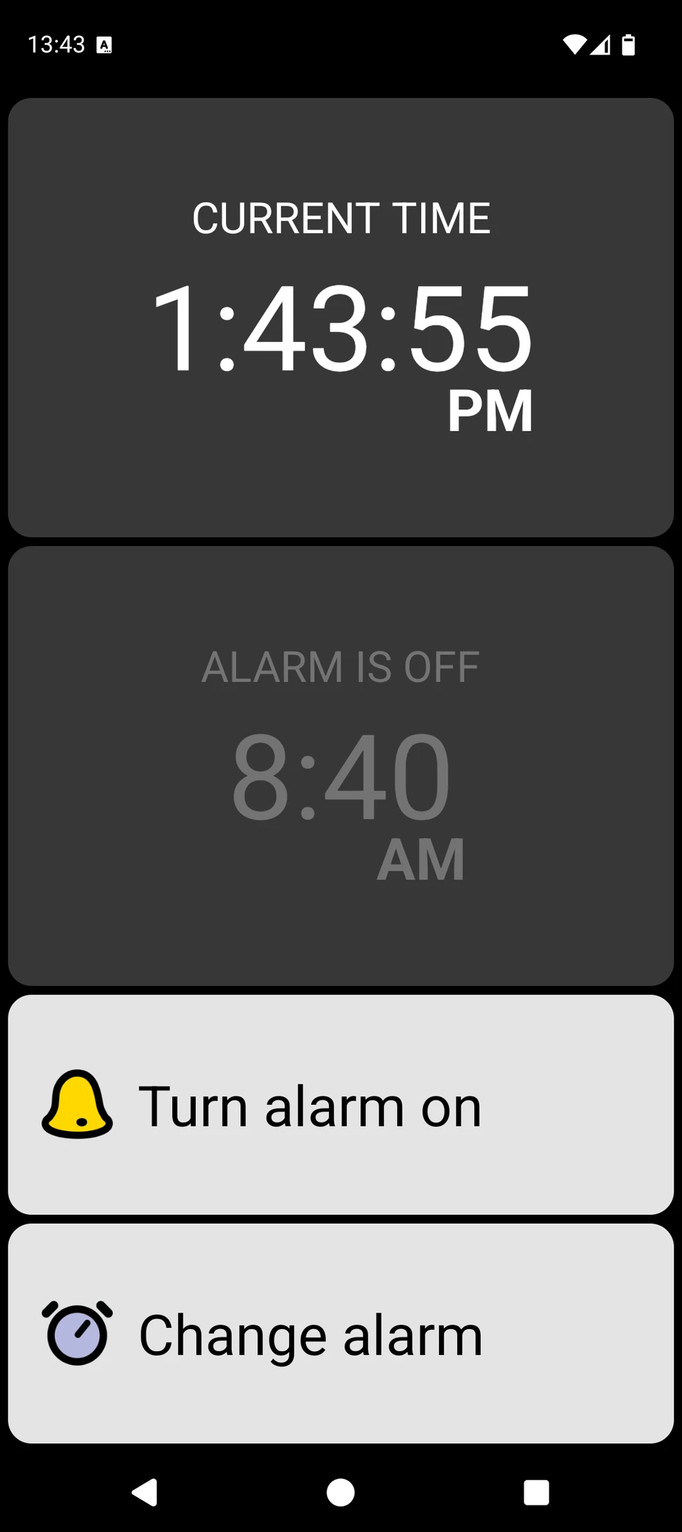 BIG Alarm screen with a large current time and large alarm controls