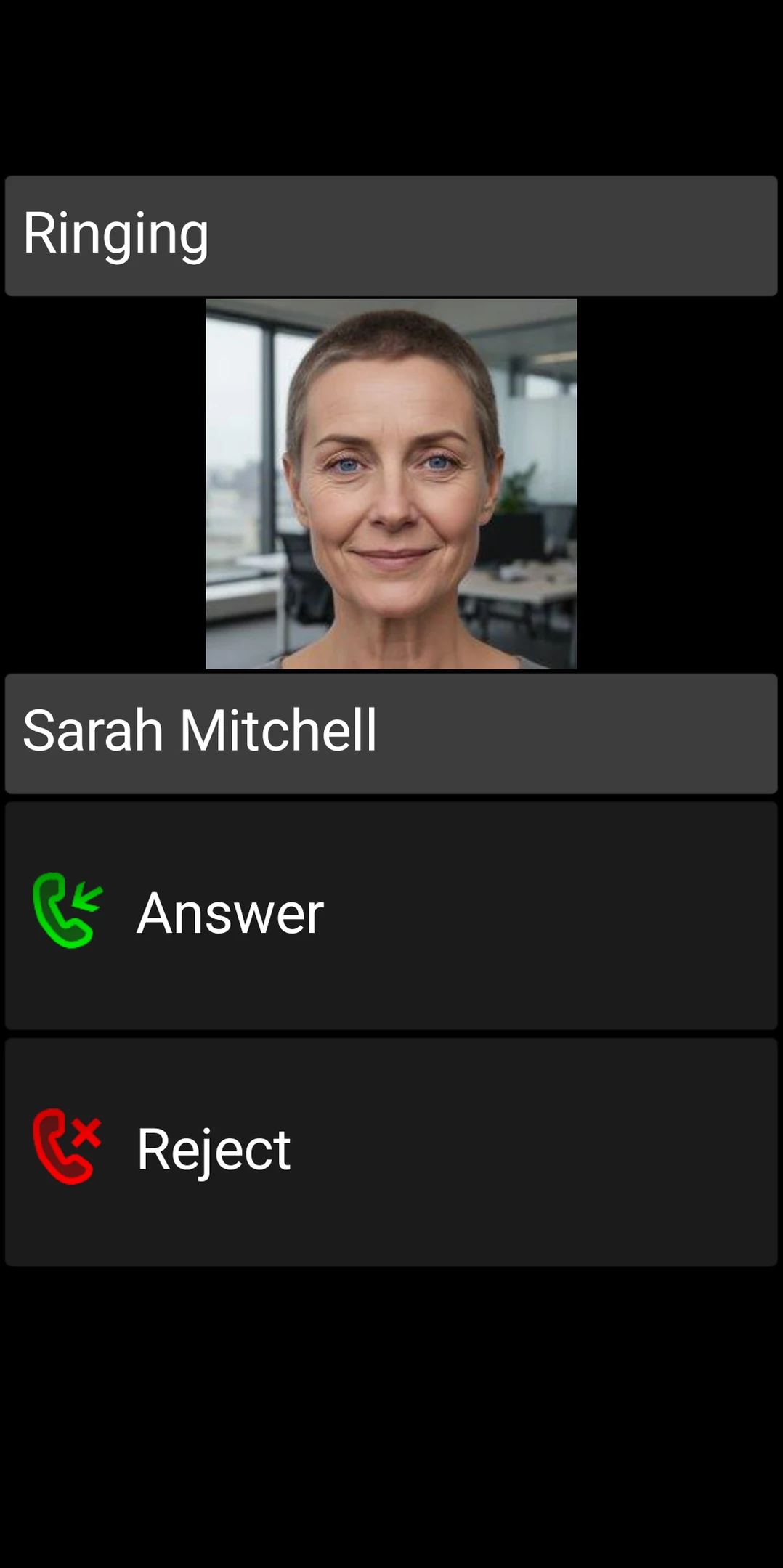 BIG Phone incoming call screen with large Answer and Reject controls