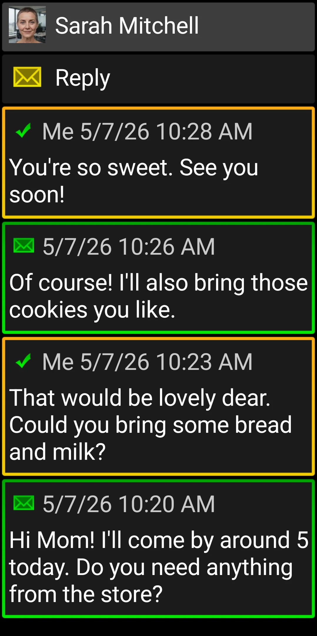 BIG SMS conversation with large high-contrast message cards