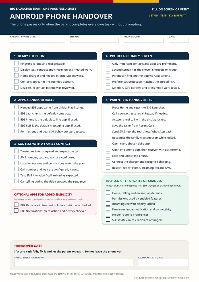 Preview of the one-page Android phone handover checklist