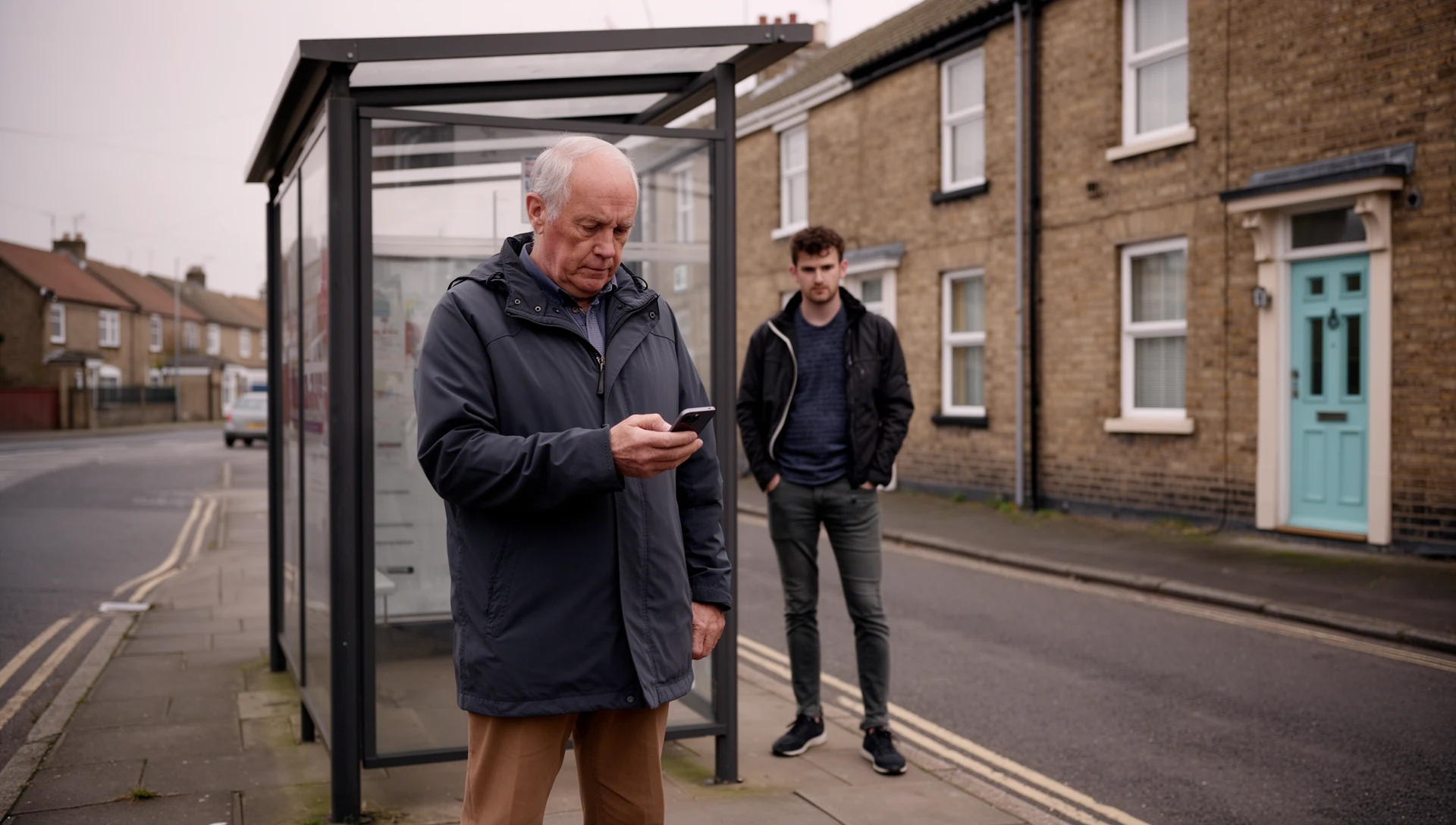 Older man independently testing a smartphone while waiting at a bus stop