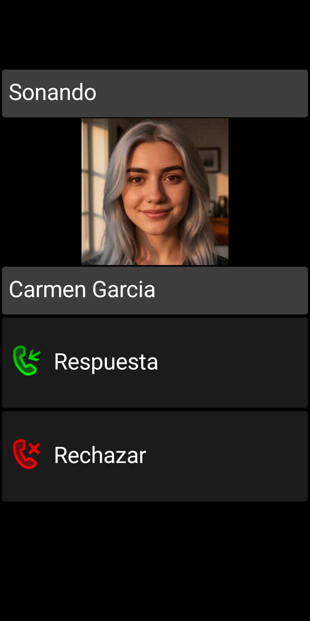 Pantalla de llamada entrante de BIG Phone con controles grandes para responder y rechazar