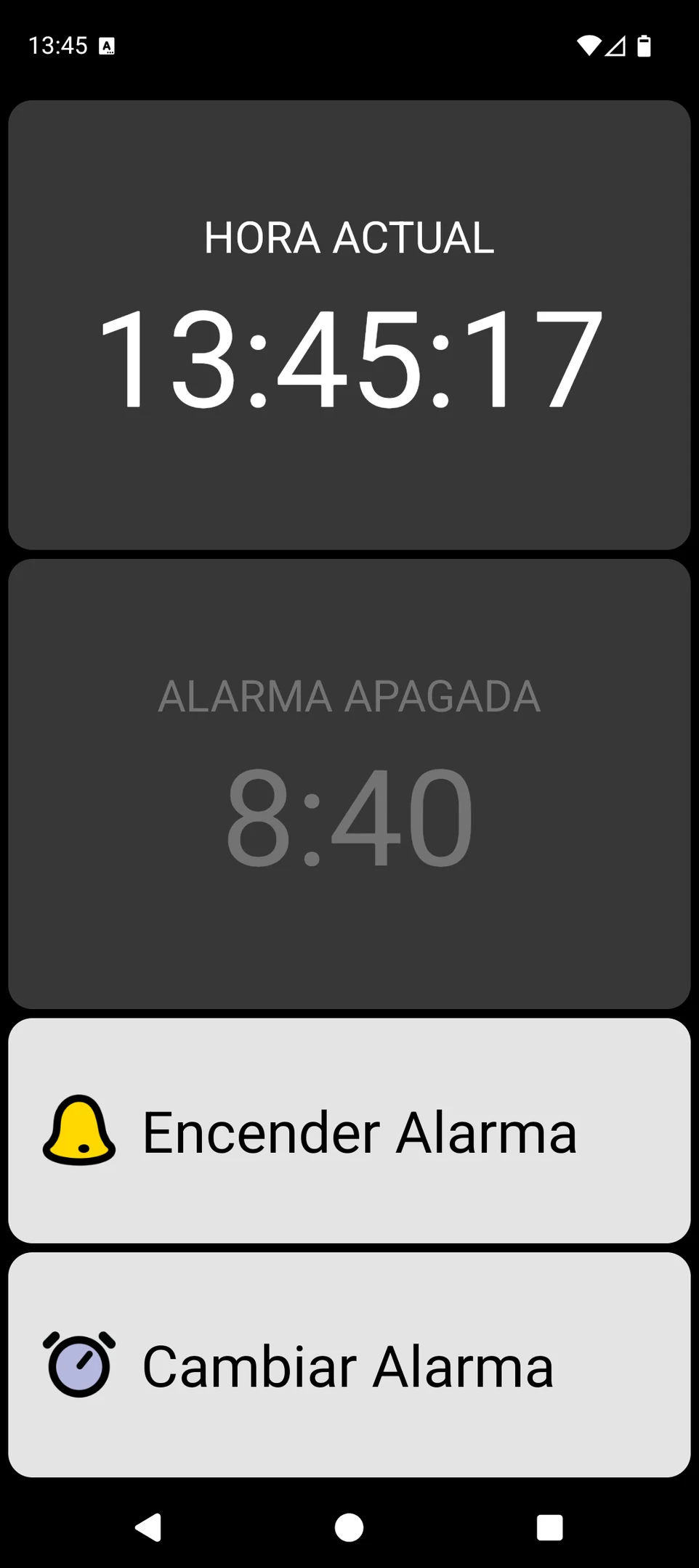 Pantalla de BIG Alarm con la hora actual en tamaño grande y controles de alarma grandes