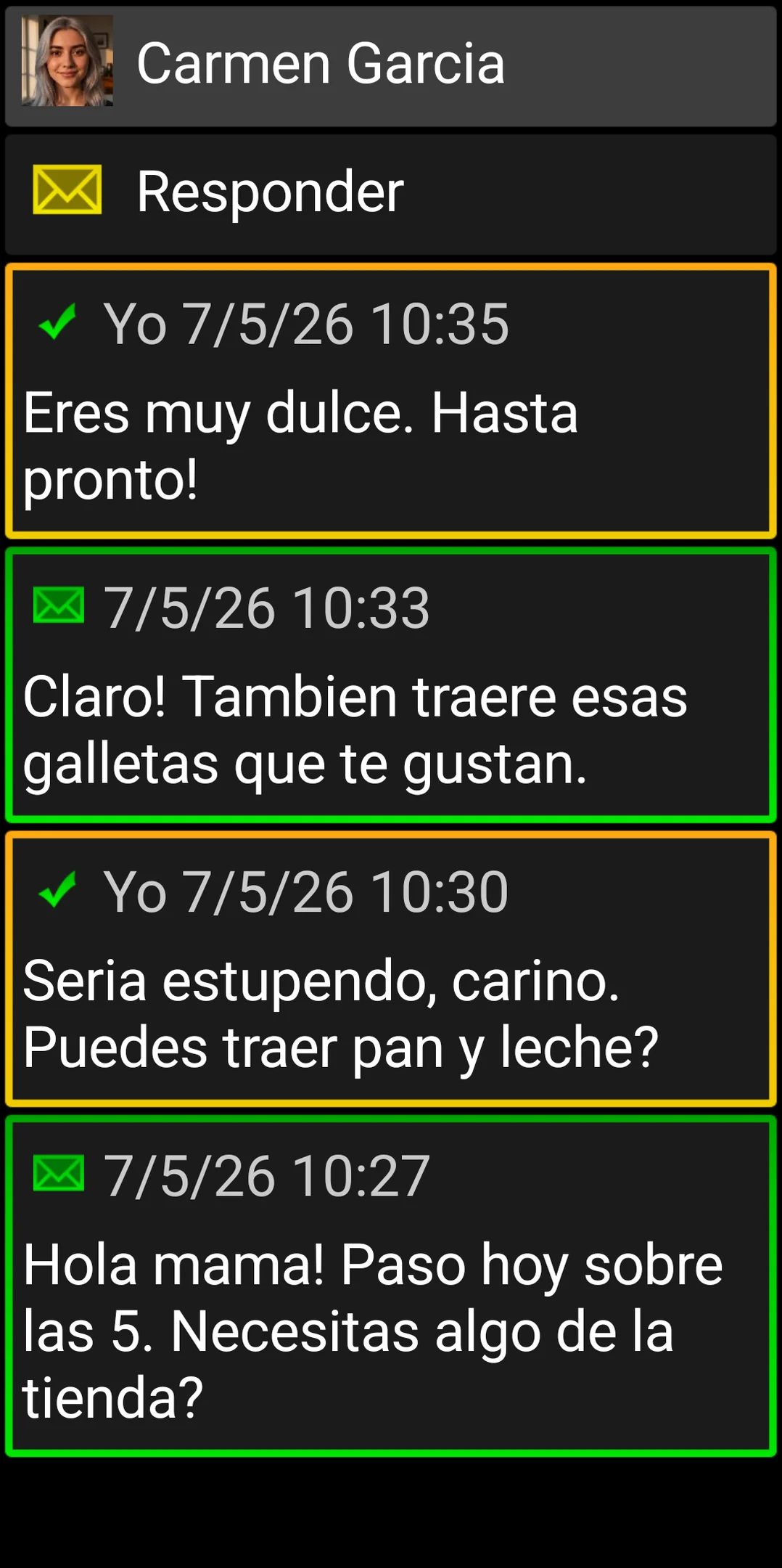 Conversación de BIG SMS con tarjetas de mensaje grandes y de alto contraste