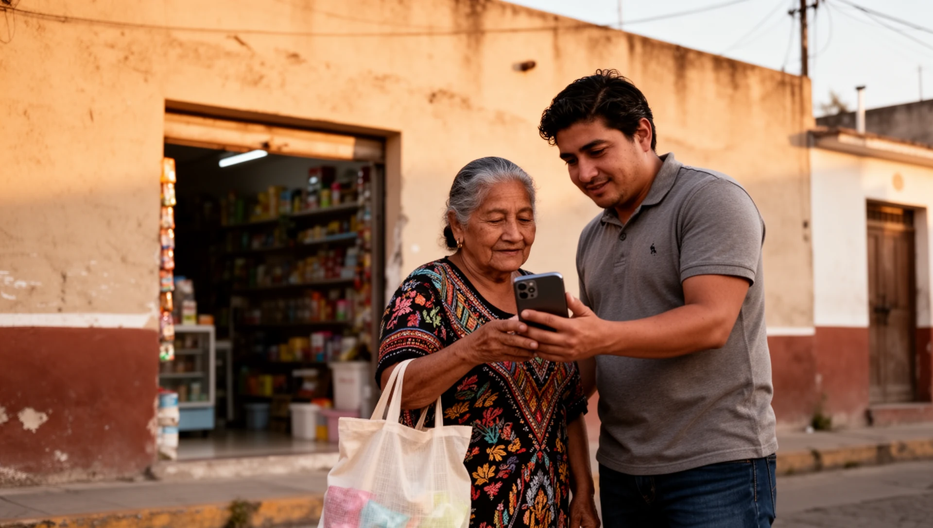 Hombre mayor revisando un teléfono Android junto a su hijo adulto cerca de un invernadero comunitario