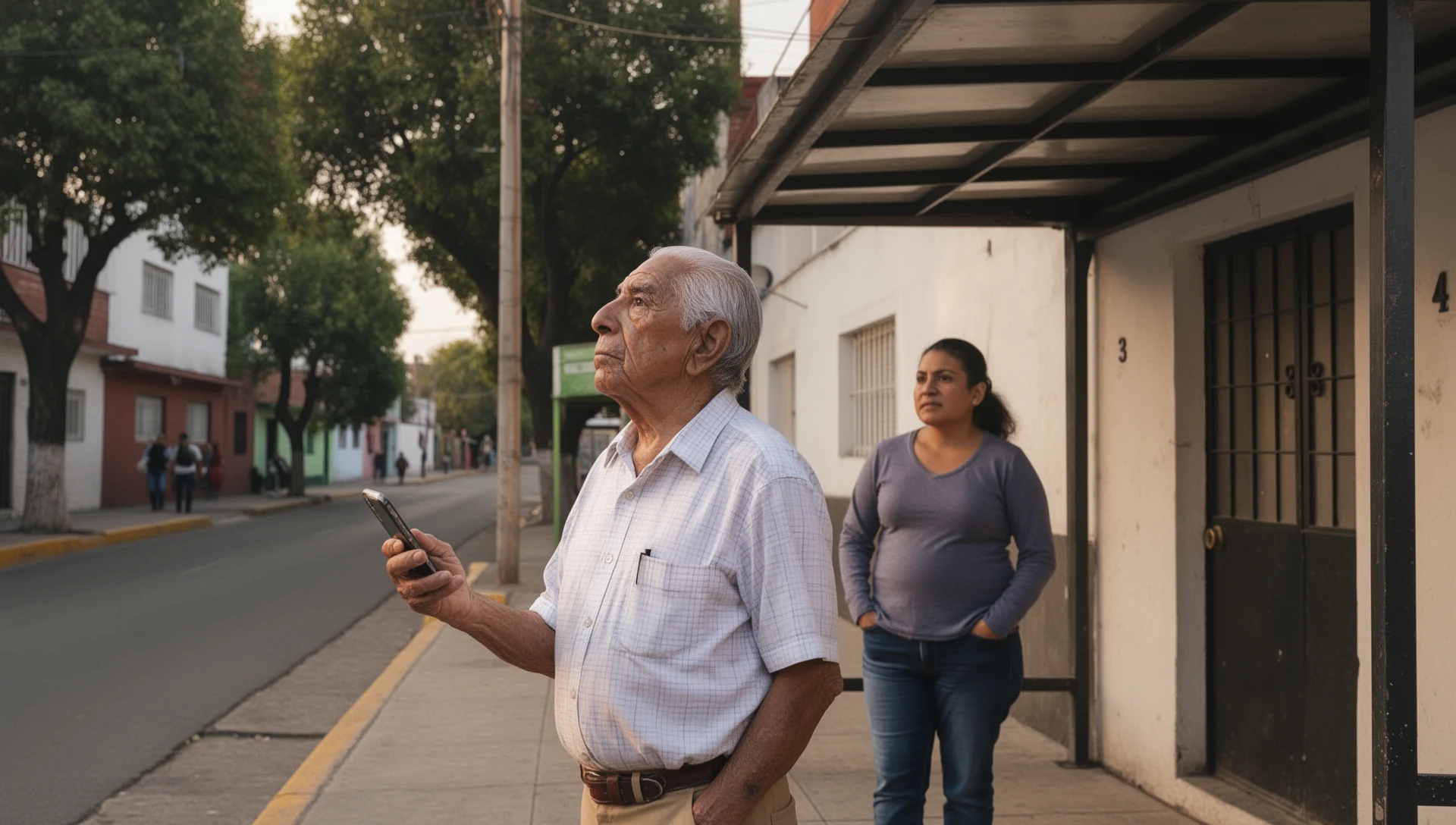 Hombre mayor probando de forma independiente un teléfono inteligente mientras espera en una parada de autobús