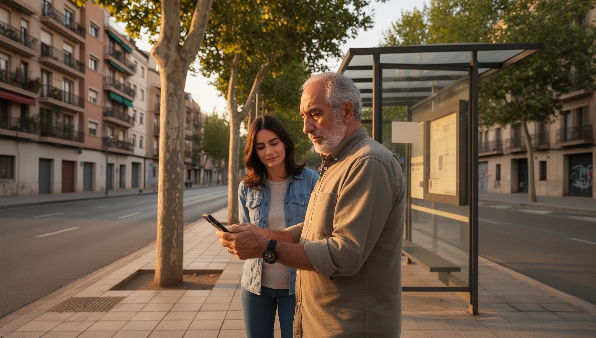 Hombre mayor probando un smartphone de forma independiente mientras espera en la parada del autobús