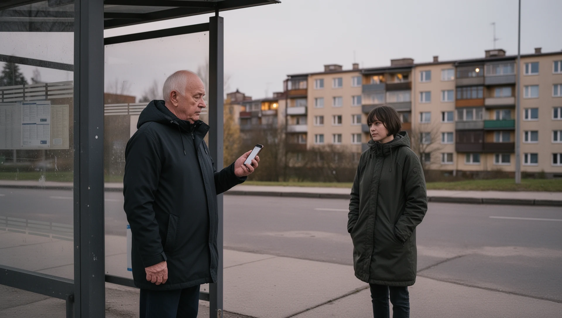 Eakas mees testib bussipeatuses oodates iseseisvalt nutitelefoni