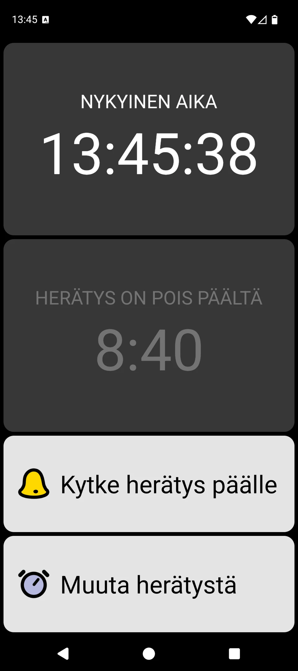 BIG Alarm -näyttö, jossa on suuri kellonaika ja suuret herätyssäätimet