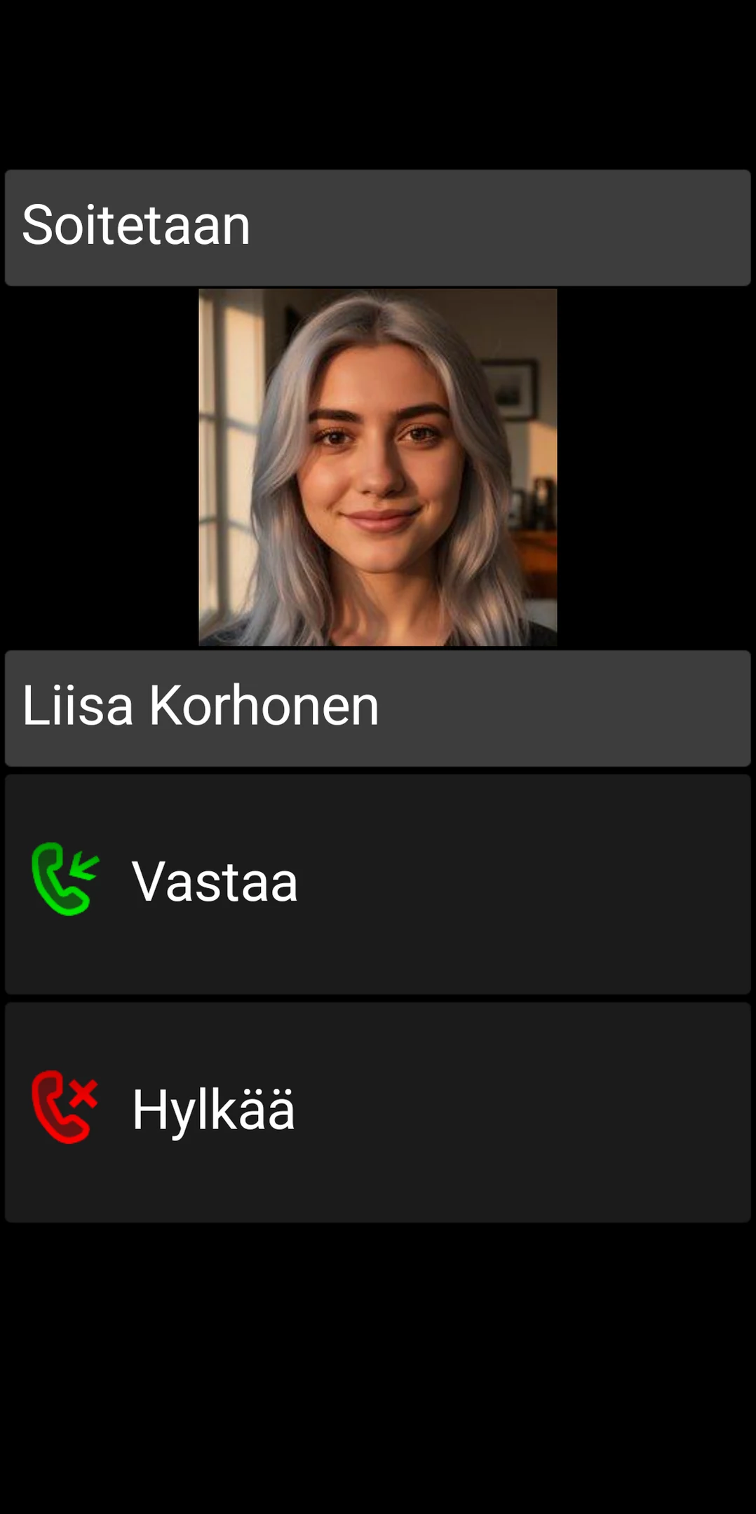 BIG Phonen saapuvan puhelun näyttö, jossa on suuret Vastaa- ja Hylkää-painikkeet