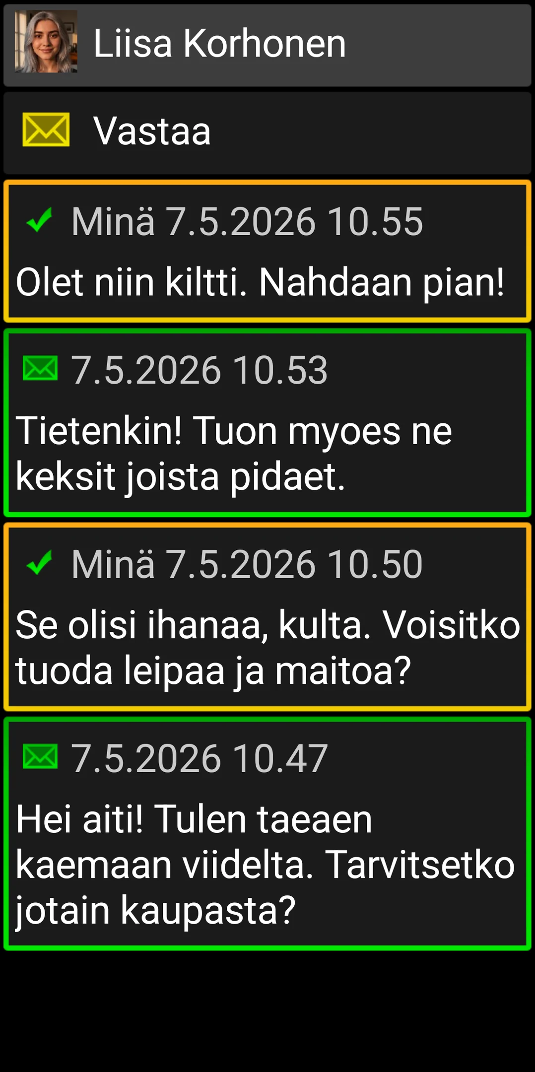 BIG SMS -keskustelu, jossa on suuret ja korkeakontrastiset viestikortit