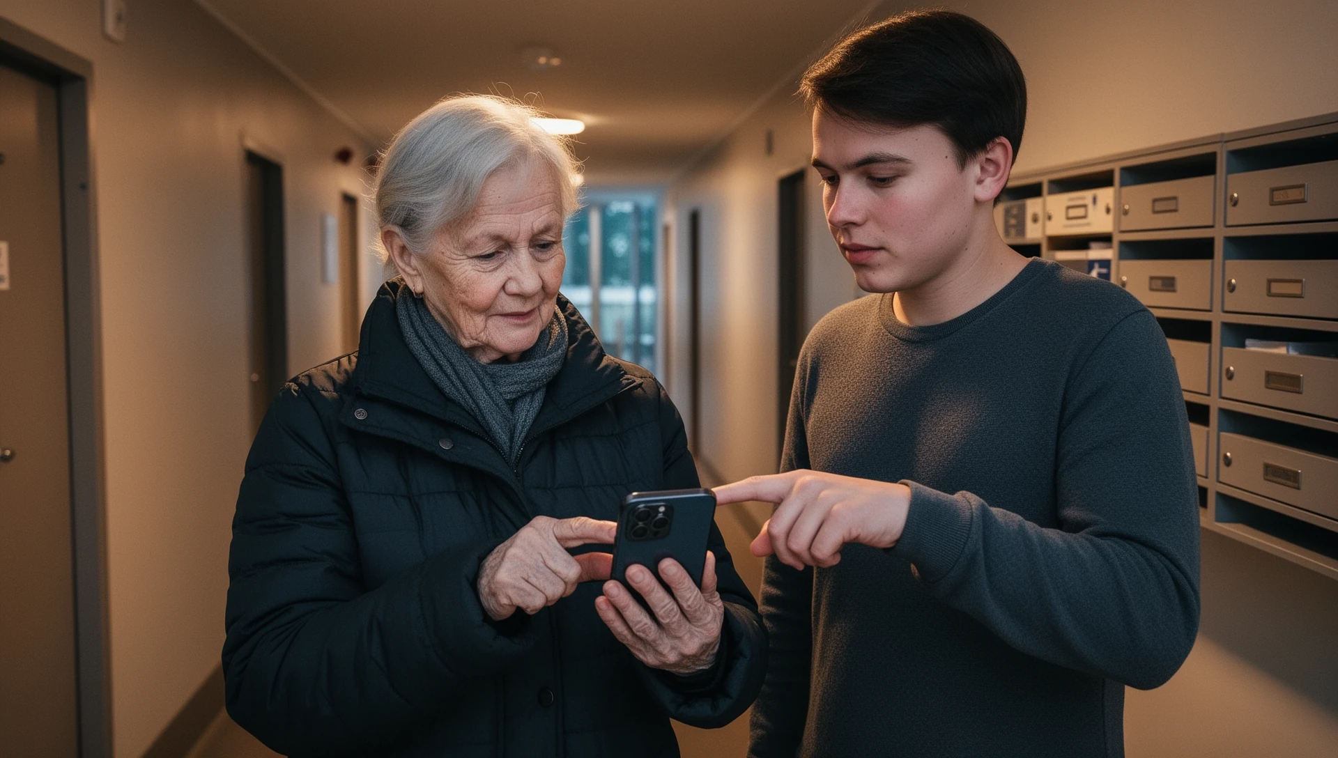 Vanhempi mies tarkistaa Android-puhelinta aikuisen poikansa kanssa yhteisökasvihuoneen vieressä