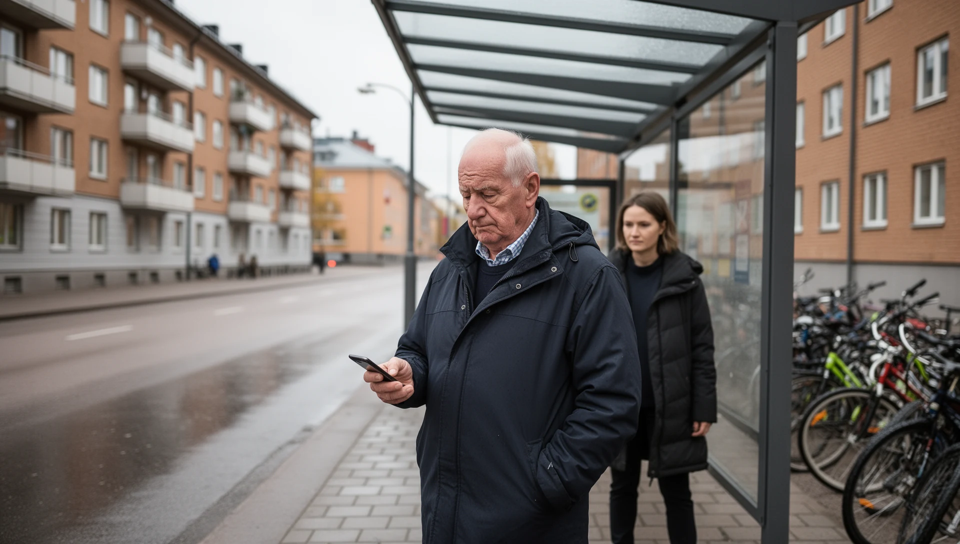 Vanhempi mies testaa älypuhelinta itsenäisesti bussipysäkillä odottaessaan