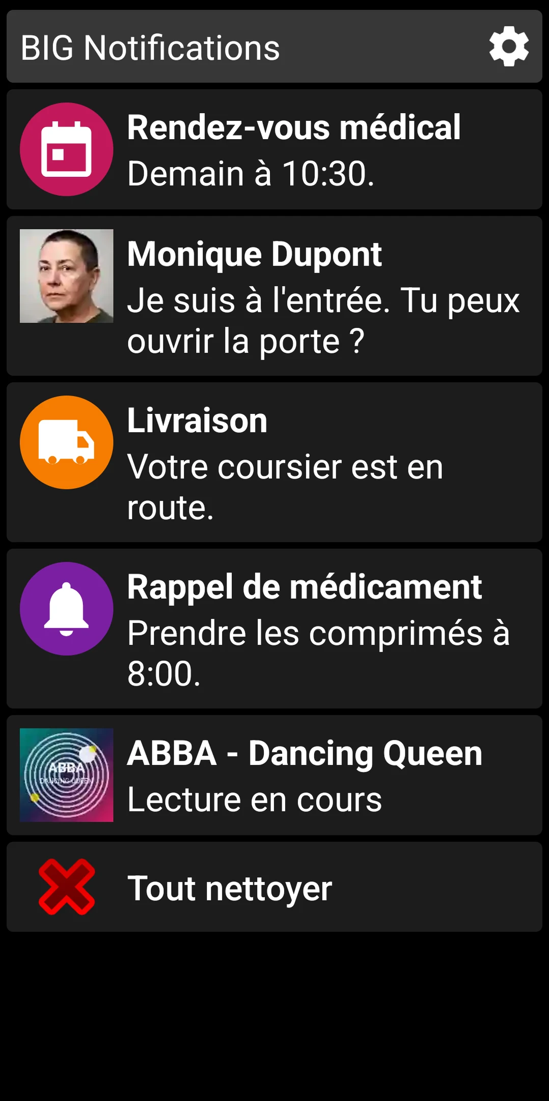 Liste de BIG Notifications affichant les notifications Android agrandies