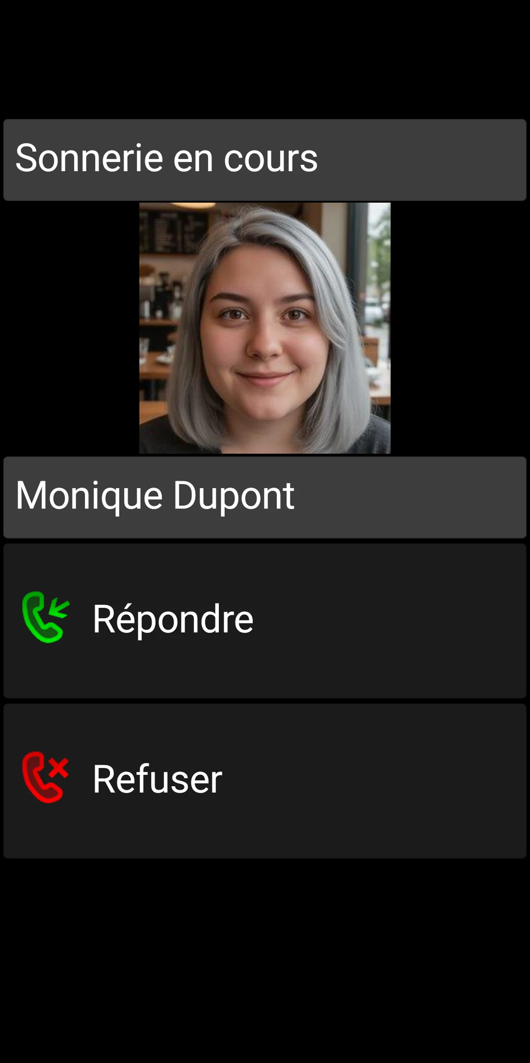 Écran d'appel entrant de BIG Phone avec de grandes commandes Répondre et Rejeter