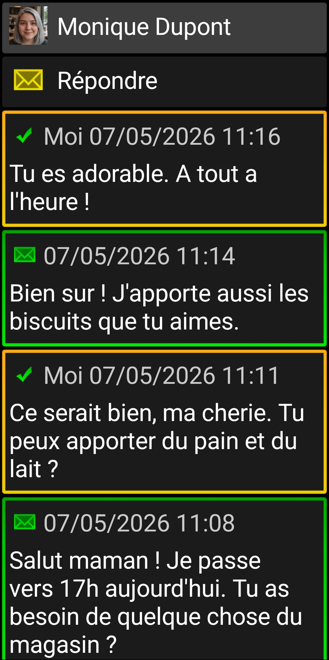 Conversation BIG SMS avec de grandes cartes de messages à contraste élevé