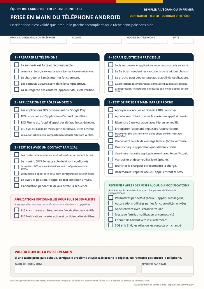 Aperçu de la check-list d'une page pour la prise en main du téléphone Android