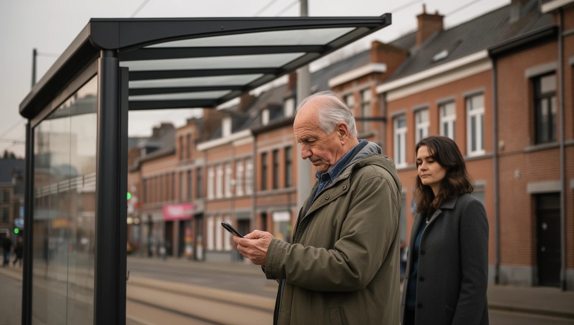 Homme âgé testant seul un téléphone en attendant à un arrêt de bus