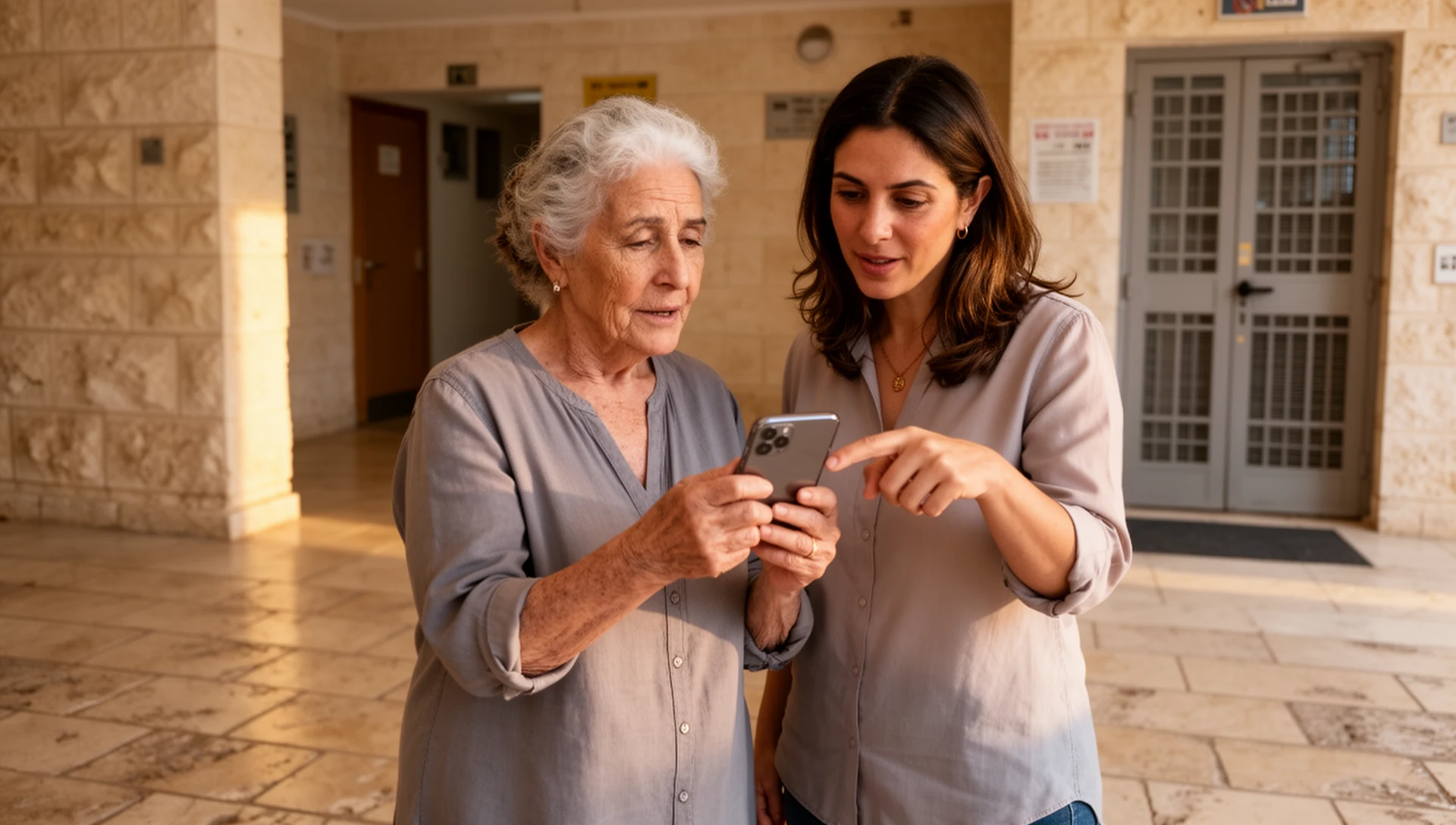 אדם מבוגר בודק טלפון Android יחד עם בנו הבוגר ליד חממה קהילתית