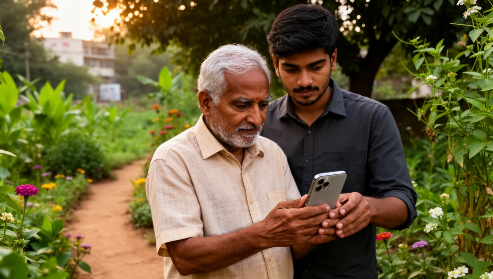 कम्युनिटी ग्रीनहाउस के पास अपने वयस्क बेटे के साथ Android फ़ोन चेक करते हुए एक बुज़ुर्ग व्यक्ति