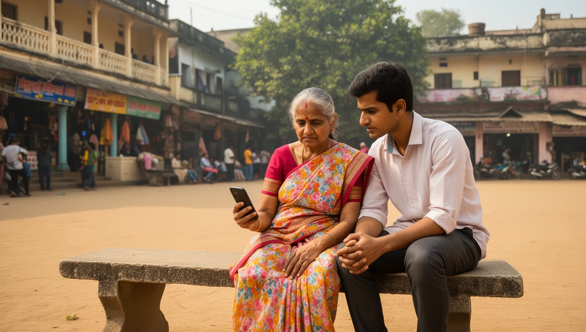 बस स्टॉप पर इंतज़ार करते हुए एक बुज़ुर्ग व्यक्ति स्वतंत्र रूप से स्मार्टफोन चला रहे हैं