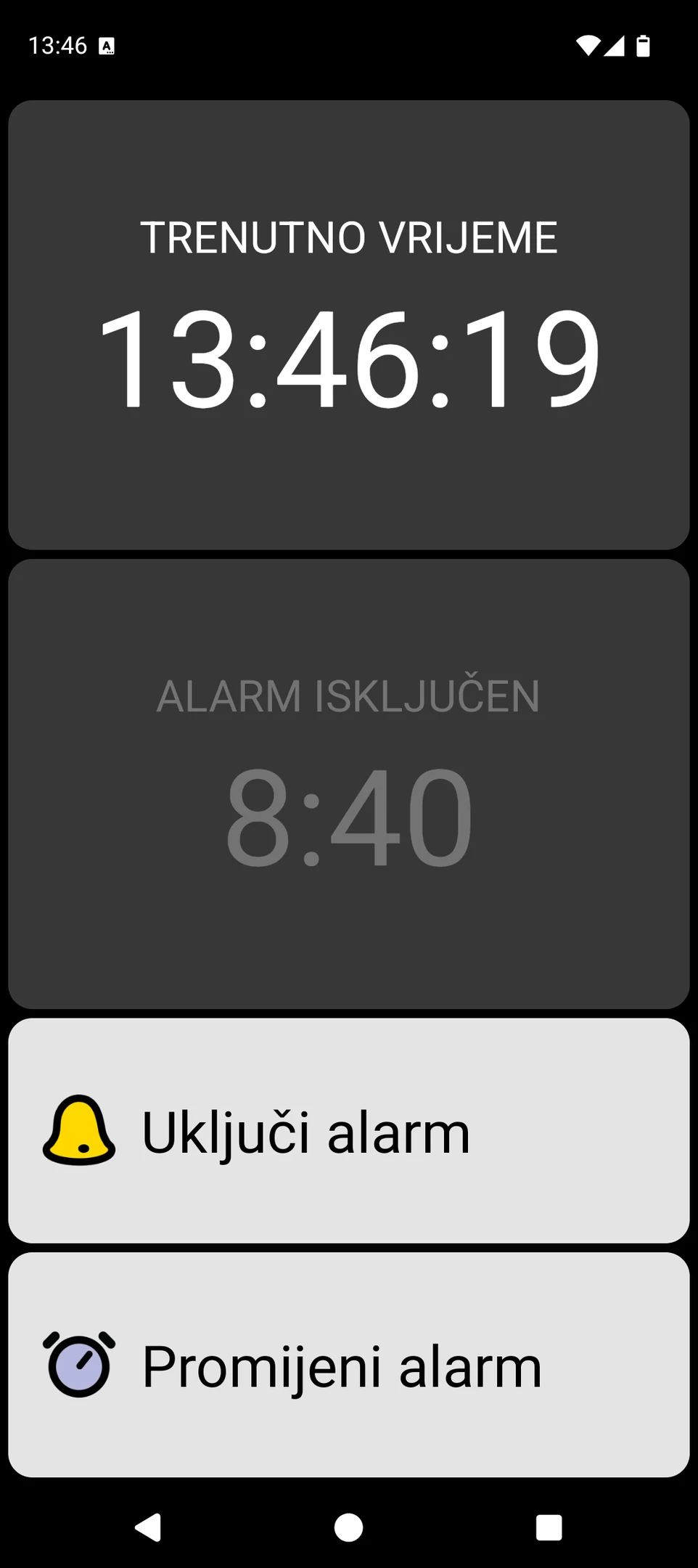Zaslon BIG Alarma s velikim prikazom trenutnog vremena i velikim kontrolama alarma