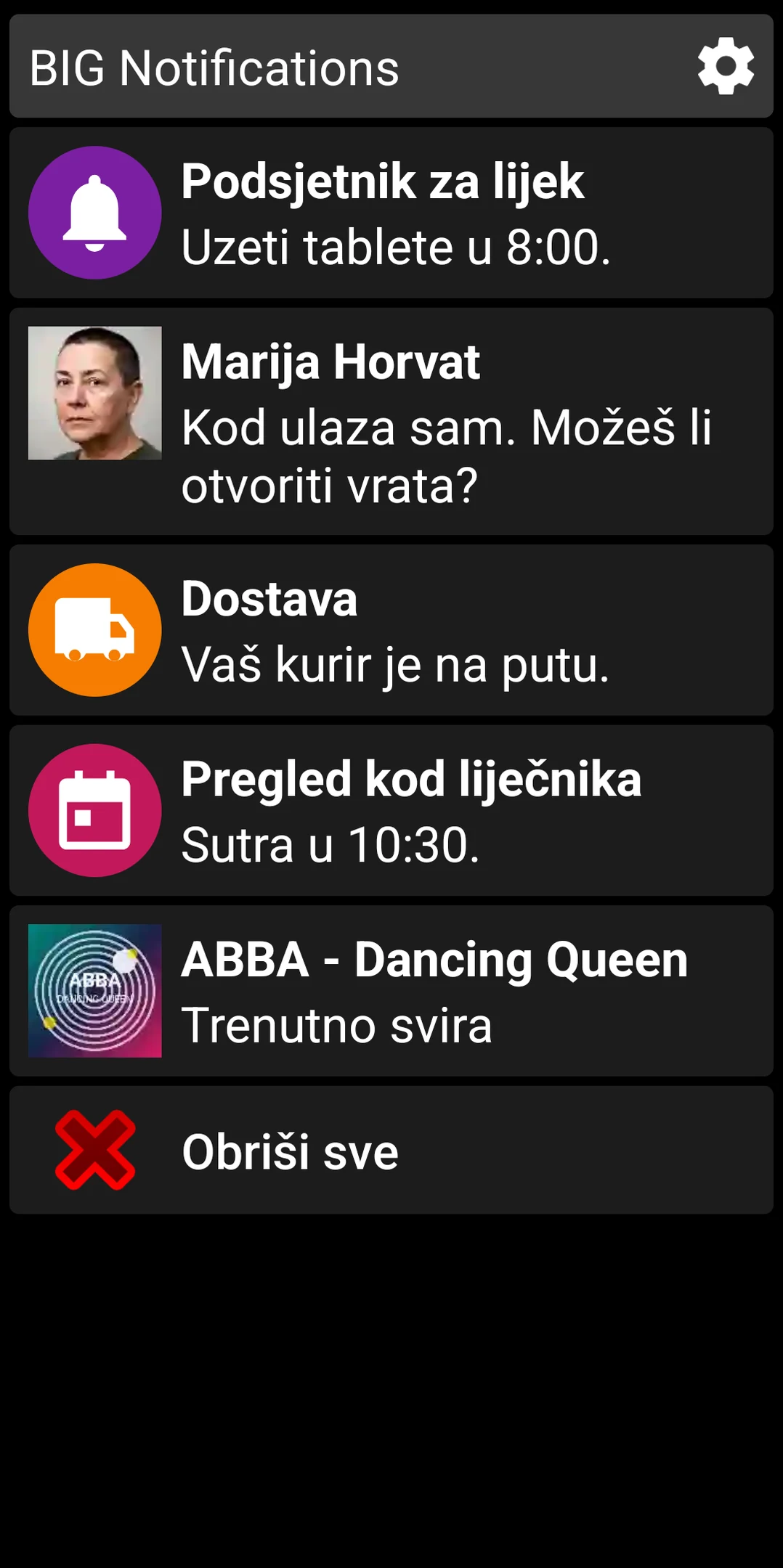Popis u aplikaciji BIG Notifications koji prikazuje uvećane obavijesti sustava Android