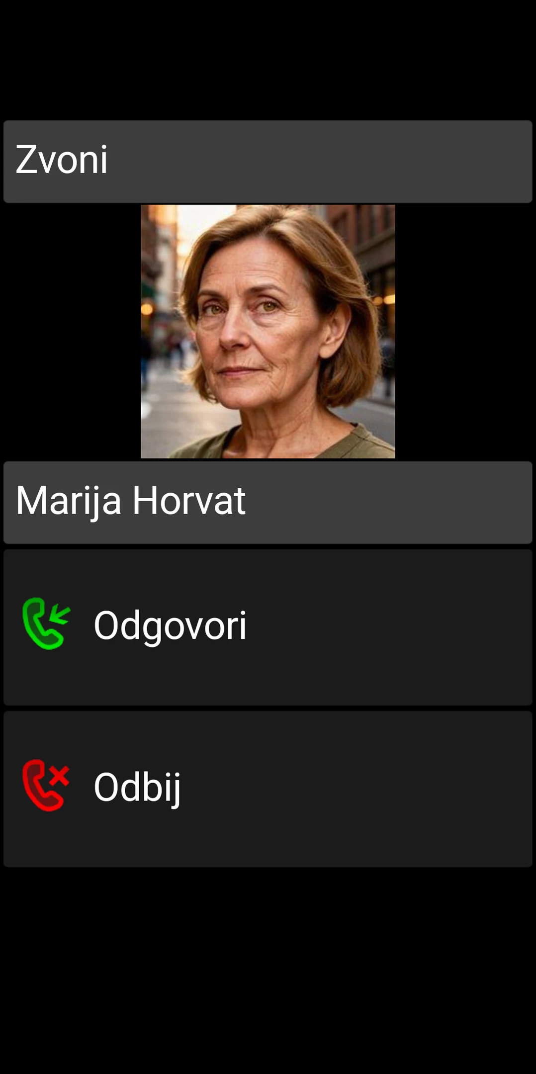 Zaslon dolaznog poziva u BIG Phoneu s velikim kontrolama za odgovaranje i odbijanje