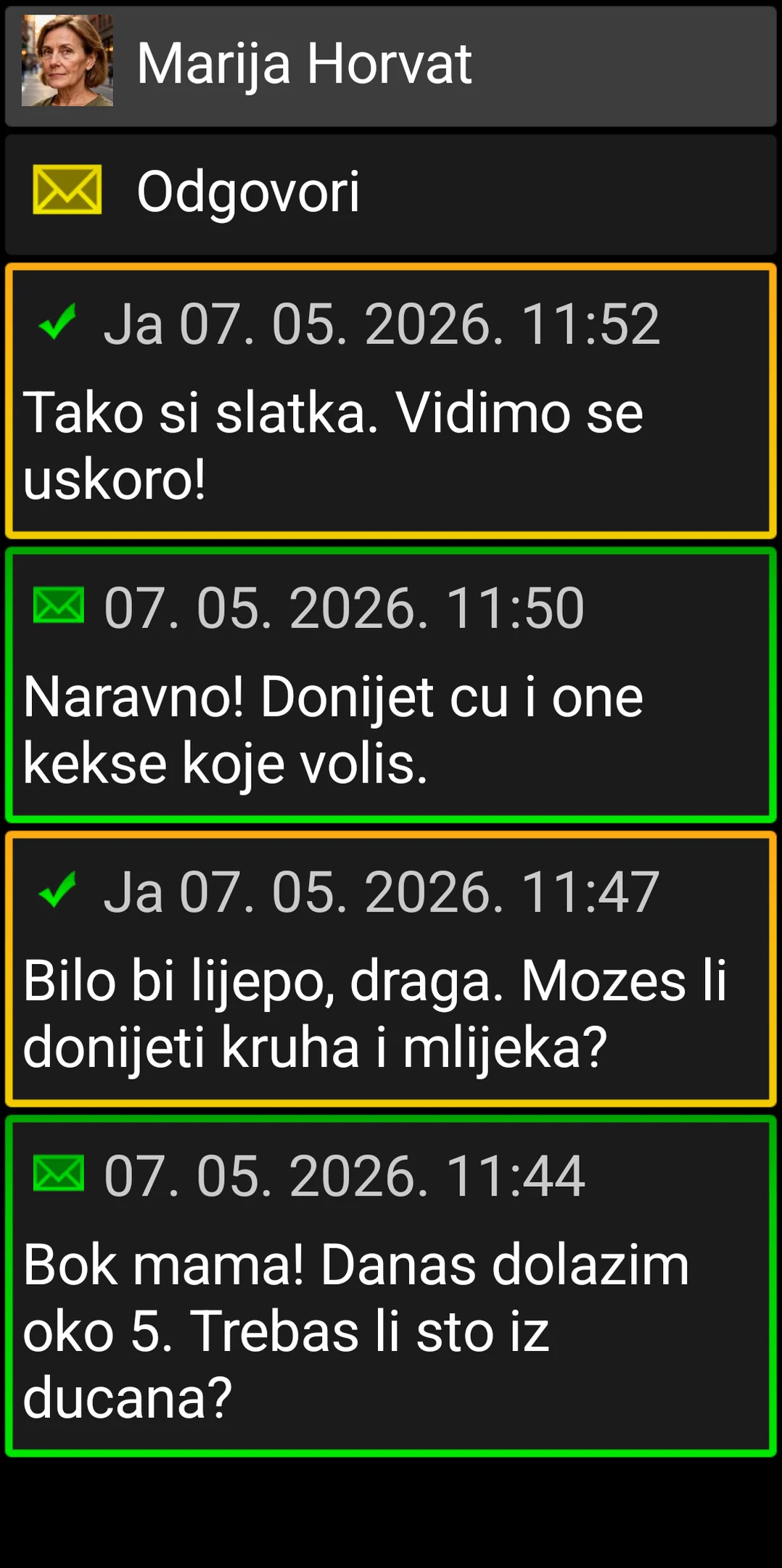 Razgovor u BIG SMS-u s velikim karticama poruka visokog kontrasta