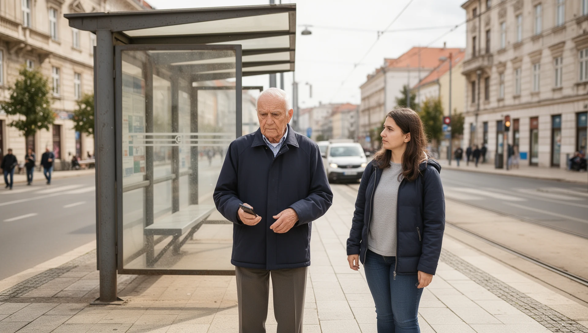 Stariji muškarac samostalno testira pametni telefon dok čeka na autobusnoj stanici
